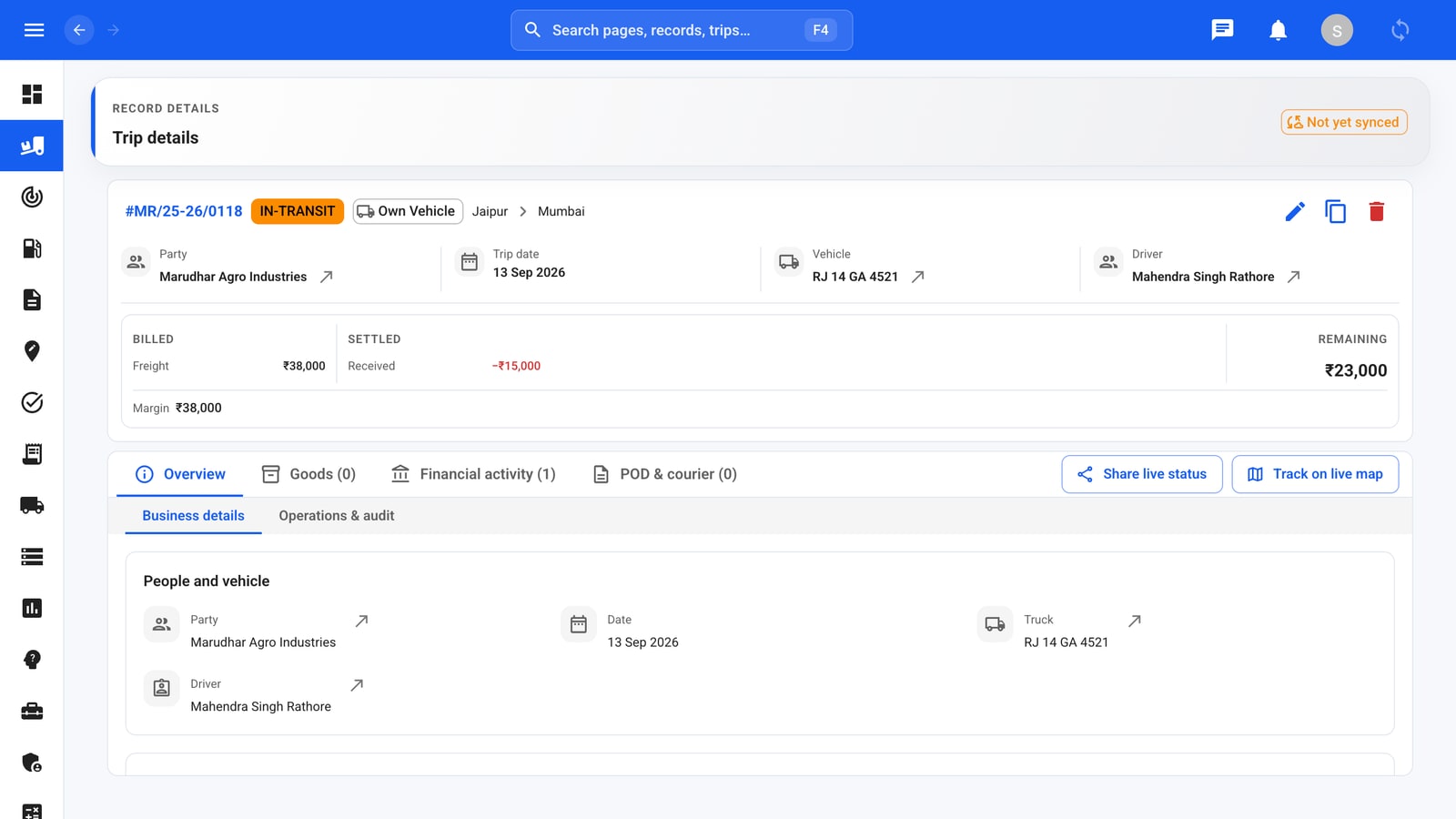 A trip’s details with its party, truck, driver, route, fare, expenses and documents.