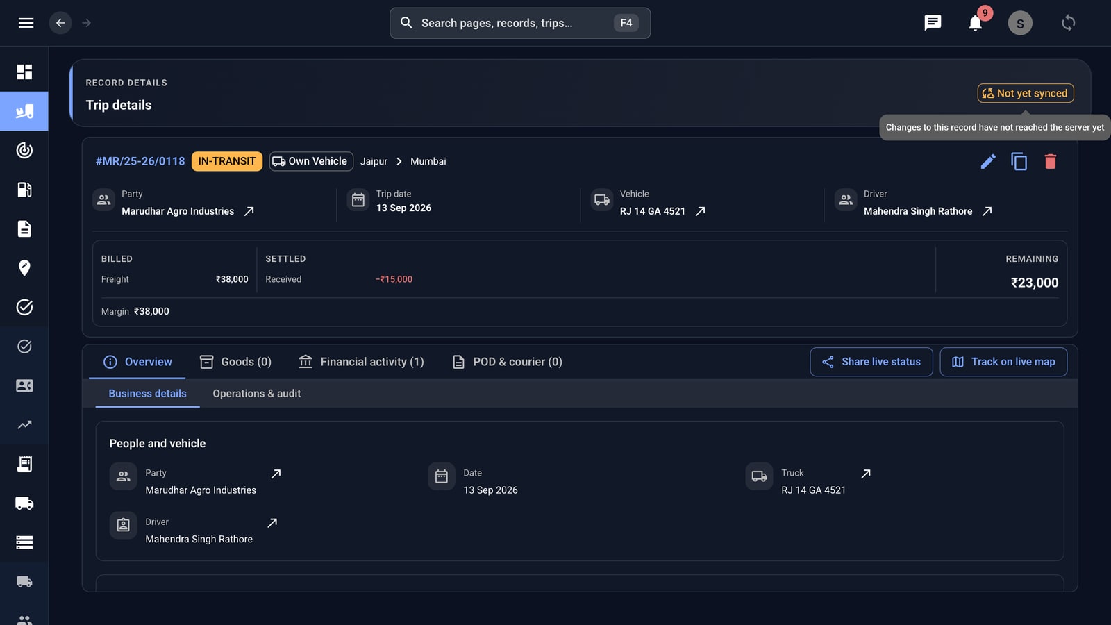 A trip’s details with its party, truck, driver, route, fare, expenses and documents.