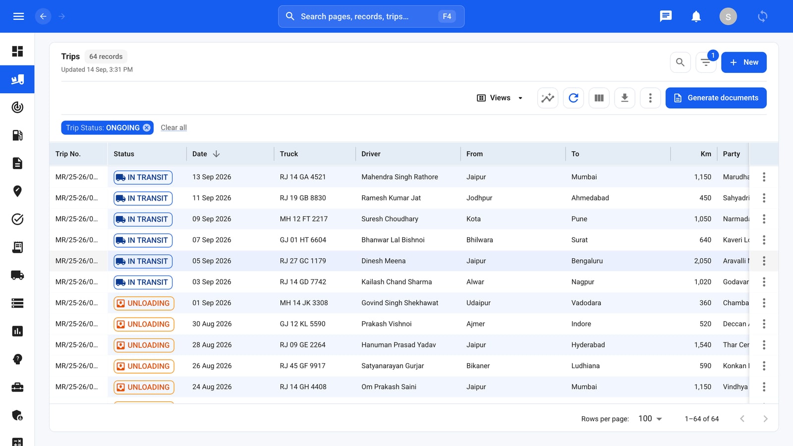 The trips list showing status, date, truck, driver, route, distance, party, and fare for every trip.
