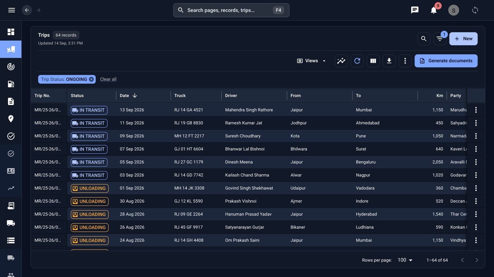 The trips list showing status, date, truck, driver, route, distance, party, and fare for every trip.