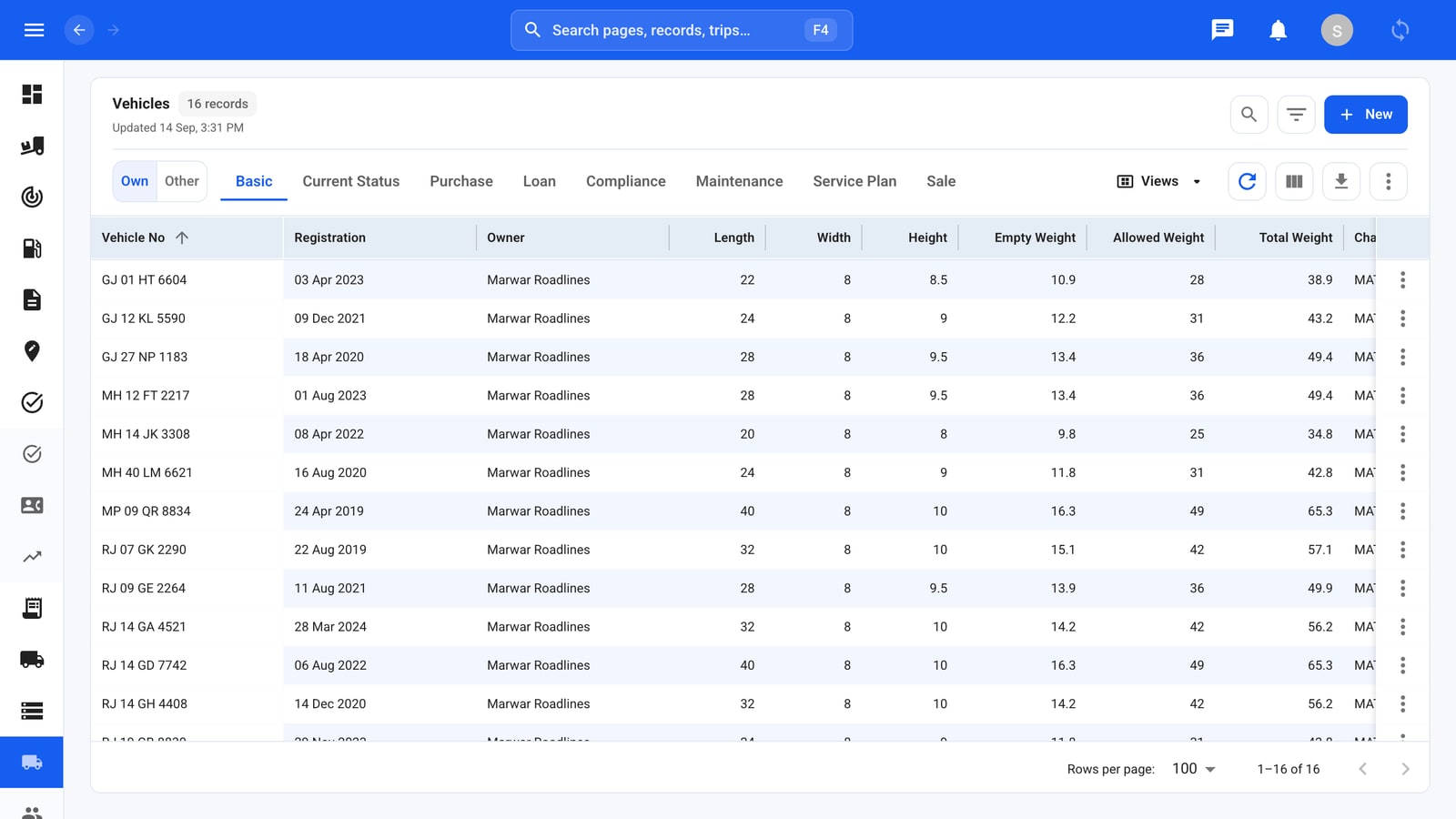 The vehicles list showing fleet records with document validity, status, and activity.