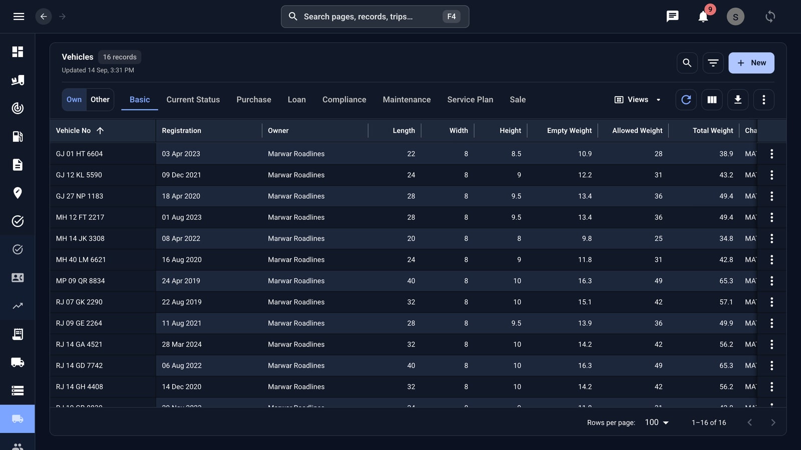 The vehicles list showing fleet records with document validity, status, and activity.